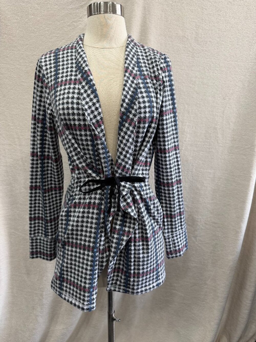 Cuddl Duds Houndstooth Open Front Cardigan Blazer Small Cozy Knit